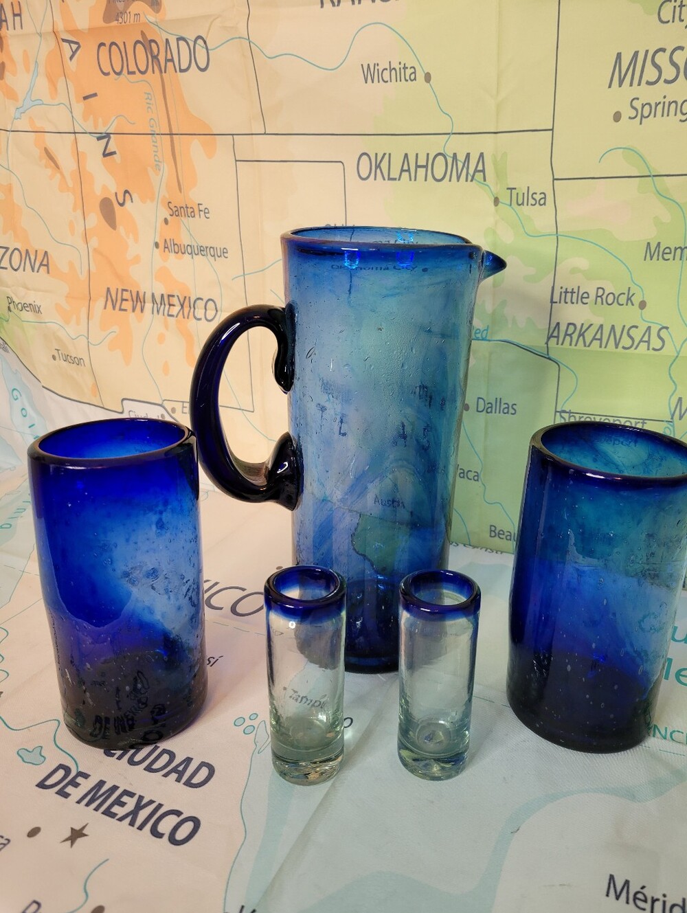 Cobalt Blue Hand-Blown Glass Pitcher and Tumbler Set